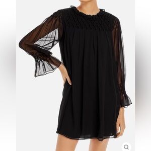 Rebecca TAYLOR NWT black smocked baby doll silk dress w/sheer sleeves size small